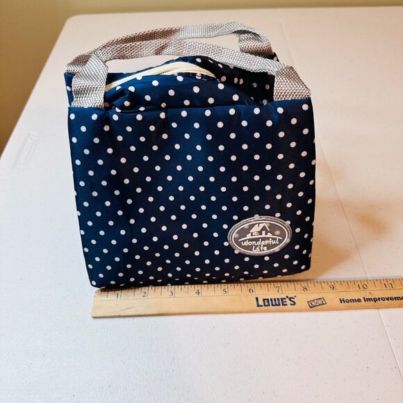 Small Blue Polka Dot Insulated Lunch Bag With Handles & Zipper Closure - Picture 3 of 11